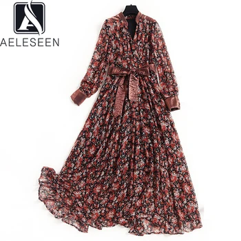 

AELESEEN Vintage Chiffon Dress Women 2020 Spring Summer Runway Long Sleeve V-Neck Floral Print Elegant Long Dress Vestidos