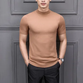 

8 Colors Men Half Turtleneck Short Sleeve Pullover Sweater Male Fashion Casual Slim Fit Knitted Weather Tees Shirts