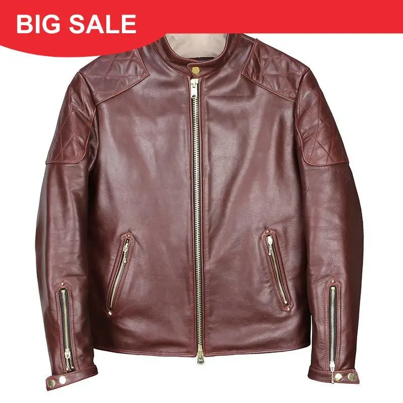 

2020 Dark Brown Men Slim Fit Biker's Leather Jacket Large Size XXXL Genuine Cowhide Autumn American Style Motorcycle Coat