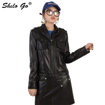 

Genuine Leather Jacket Mock Neck Highstreet Front Pocket Zip Jacket Coats Women Autumn Casual Moto Black Workwear Outwear Female