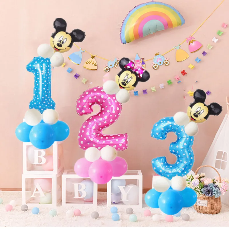 

16pcs 32inch Pink Blue Birthday Digital Balloons With Mickey Minnie Foil Balloon Children Birthday Party latex Ballon 1 2 3