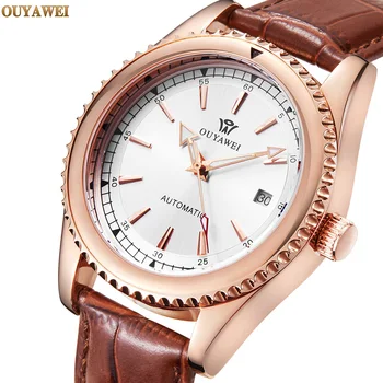 

OYW Automatic Mechanical Men Wristwatch Luxury Gold Waterproof Man self Winding Leather Watch Calendar Relogios Masculinos