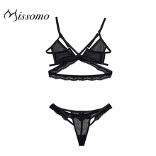 Missomo New Fashion Women Simple Sexy Symmetrical Triangle Straps Mesh perspective Hollow Lace Casual T-back Bra Set