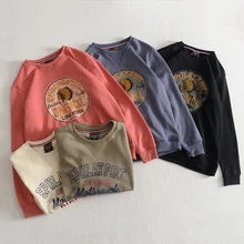 

2021 American Retro Terry Printed Hoodies Men's Pure Cotton Washed Old Round Neck Pullover Knitted Long-sleeved Casual Sportwear