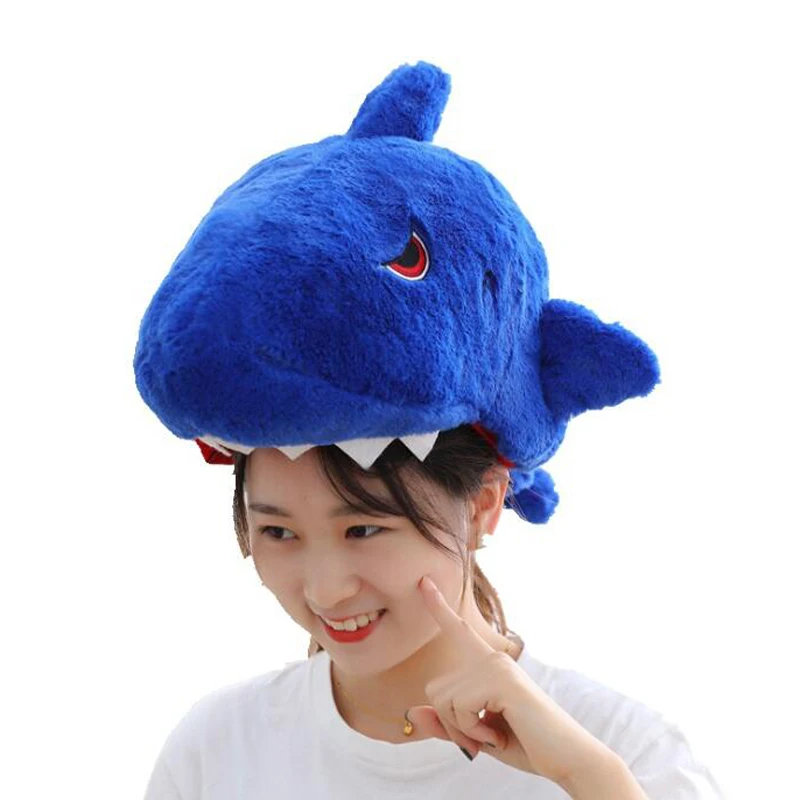 Blue Hairy Shark Head Hood Hat Plush Toy Birthday Stuffed Cap Giftt Fish welding auto darkening filter lens welder hood welding breathable mask yellow head mounted hood grinding