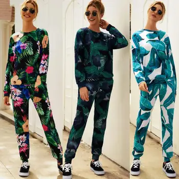 

Knitted two piece set Women early autumn winter temperament Round neck long sleeve print fashion casual sports two piece set