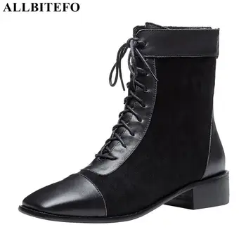 

ALLBITEFO genuine letaher+flock thick heels winter women boots brand high heels girls boots women high heel shoes ankle boots