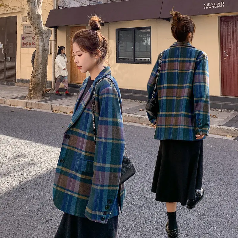 

Photo Shoot INS Harajuku Contrast Color Plaid Suit Overcoat 2020 Spring Clothing New Style Short-height Loose-Fit Woolen Jacket