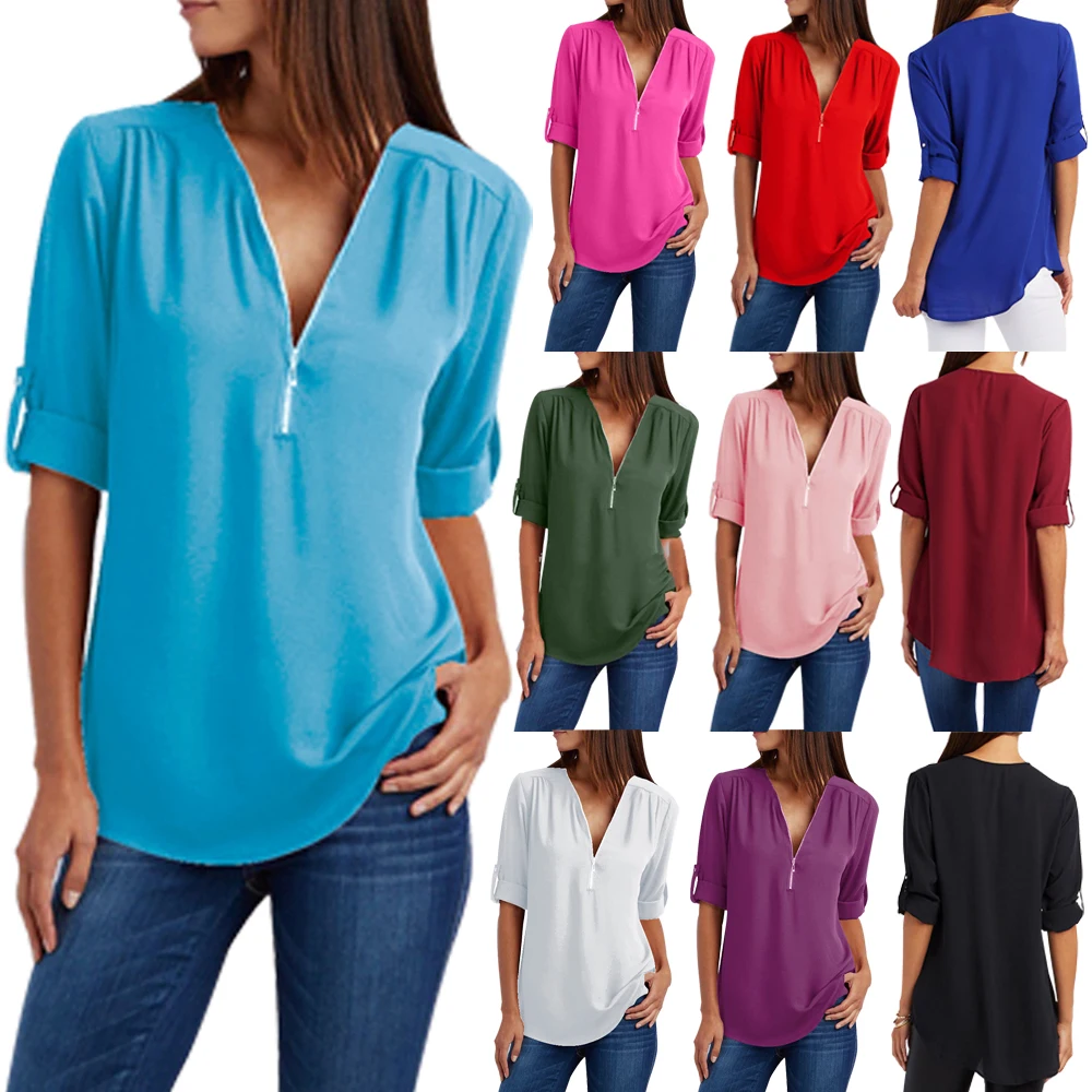 

5XL Plus Size Women Blouse Chiffon Womens Tops And Blouses Casual Long Sleeve roupa feminina Solid Colour Zipper blusas D30
