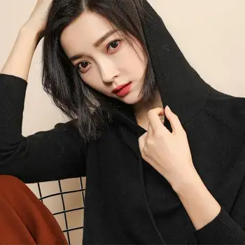 

Autumn Solid Black Hooded Sweater Women Loose Basic Large Size Sweater