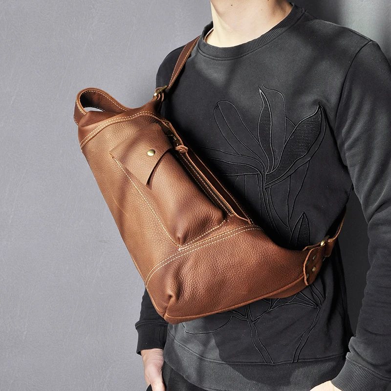 Trend Men Quality Crazy horse Leather Casual Fashion Crossbody Chest Sling Bag Design Travel One Shoulder Bag Daypack Male 2329
