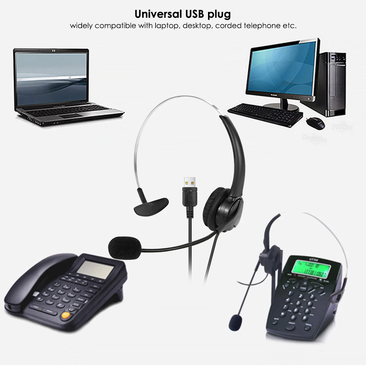 USB On Ear Headphone Wired Headset Earphone with Noise Concealing Mic for Laptop Desktop Corded Telephone