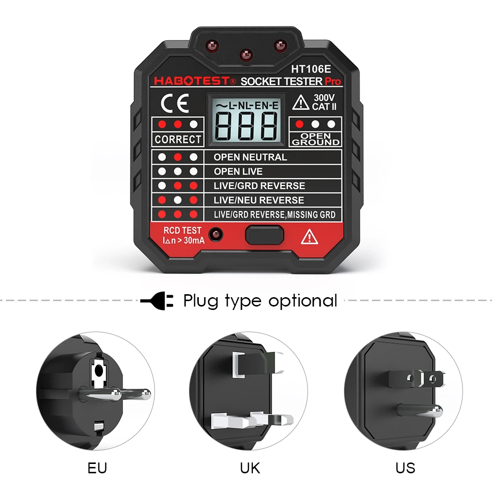 

HABOTEST HT106D EU/US/UK Plug Electric Socket Tester Automatic Voltage Test Circuit Breaker Detector Wall Plug Breaker Finder