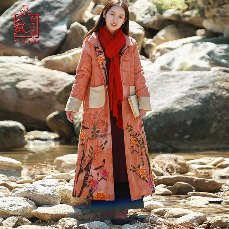 

LZJN Autumn Winter Coat Women 2019 Floral Maxi Coat Full Length Long Vintage Overcoat Cotton Quilted Parka Windbreaker