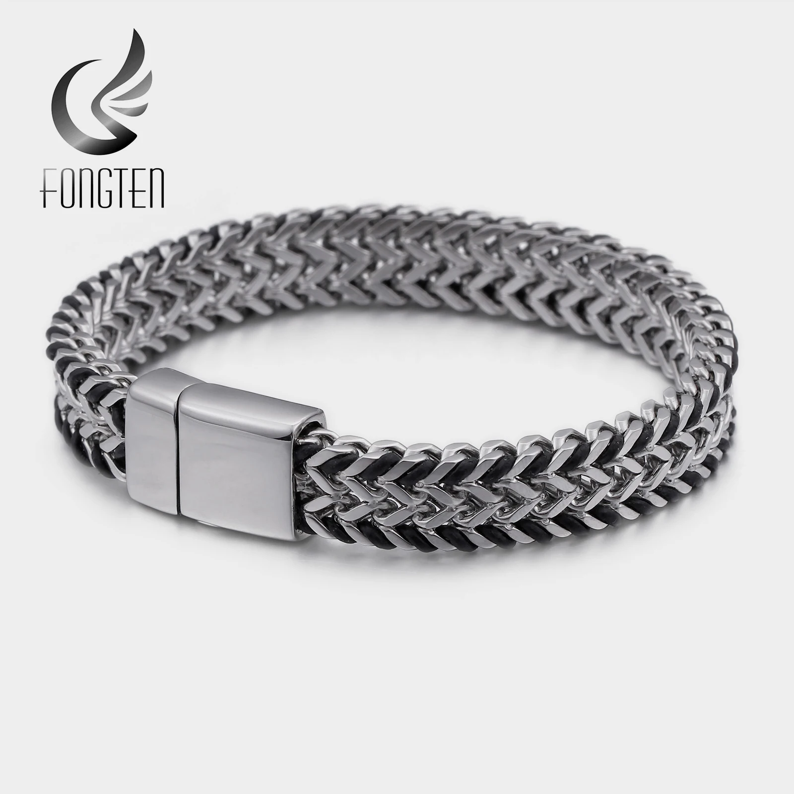 Fongten Ретро Мужские сетчатый Браслет из нержавеющей стали черные кожаные мужские браслеты с подвесками модные ювелирные изделия