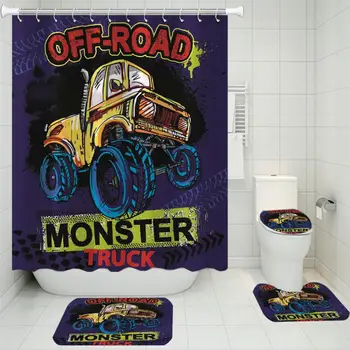

Shower Curtain Set with Non-slip Bathroom Rugs Toilet Lid Cover Bath Mat and Hooks Racing Car Printed Bathroom 4 Pcs