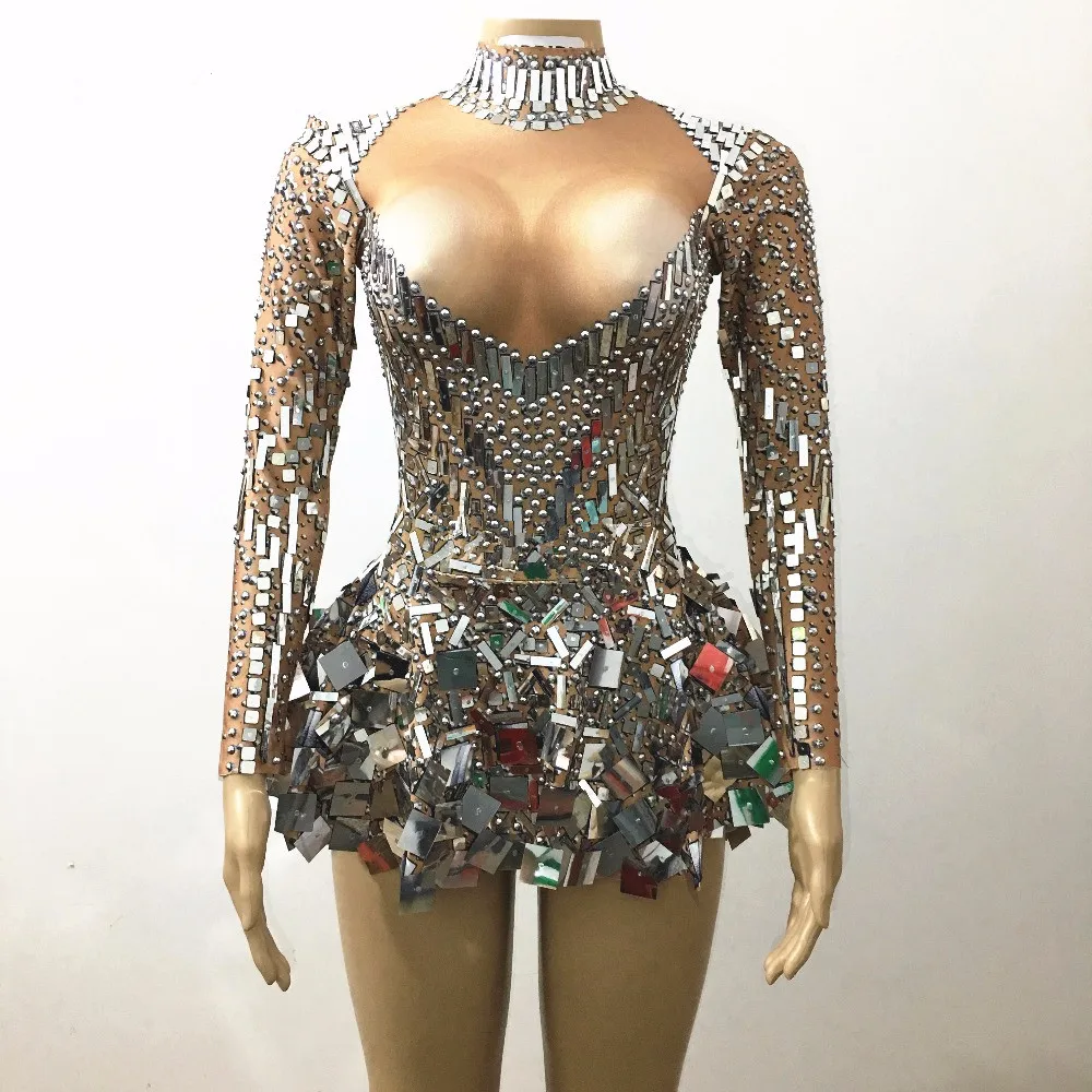 

Shining Silver Mirrors Stone Dress Female Singer Dancer Bright Bodysuit Costume One-piece Nightclub Dress Oufit Party Dresses