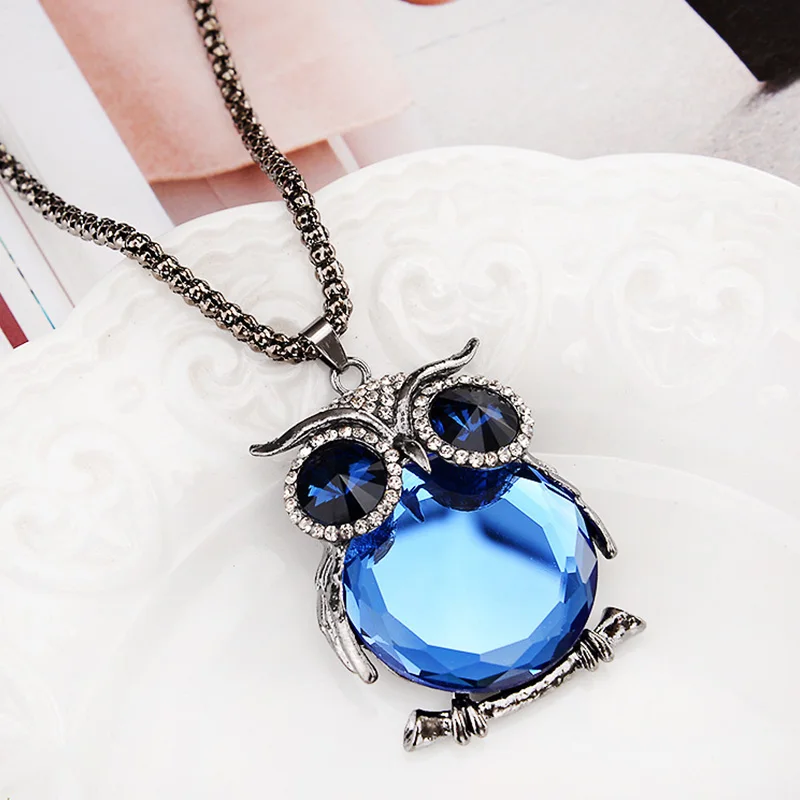 Women Vintage Sweater Chain Necklace Owl Design Rhinestones Crystal Pendant Necklaces Jewelry Clothing Accessories | Украшения и