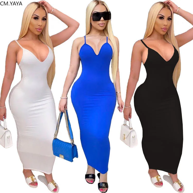 CM.YAYA femmes été Spaghetti sangle col en v sans manches moulante Midi crayon Maxi robe Sexy soirée Club longues robes