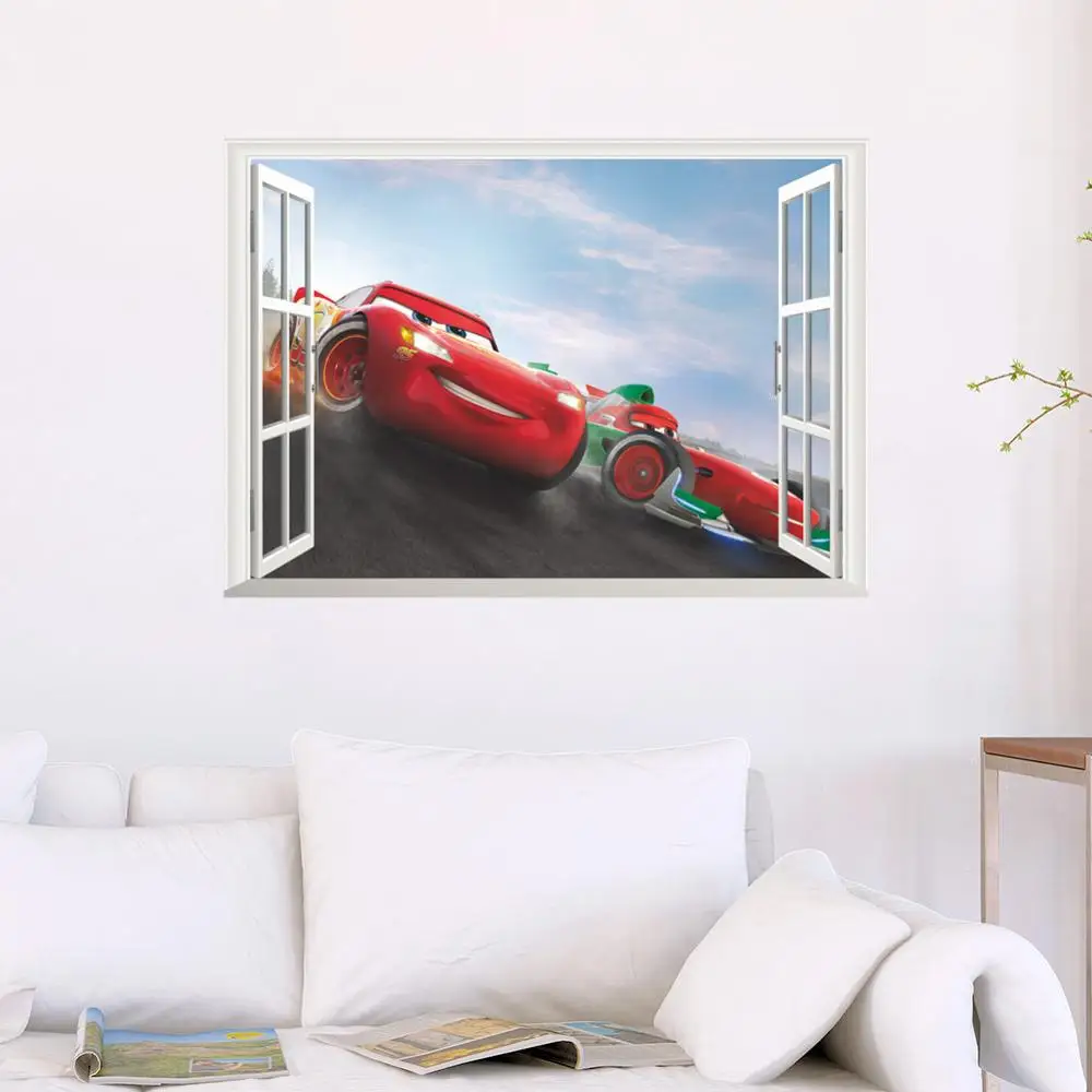 Disney cartoon movie 3Dview Cars Lightning McQueen Window wall sticker for kids room mural art Home decoration PA14262-N