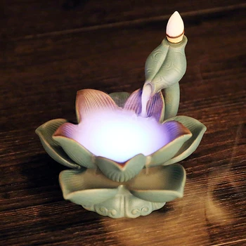 

LED Light Lotus Shape Backflow Ceramic Incense Burner Censer Home Decor Stick Incense Fragrance Holder