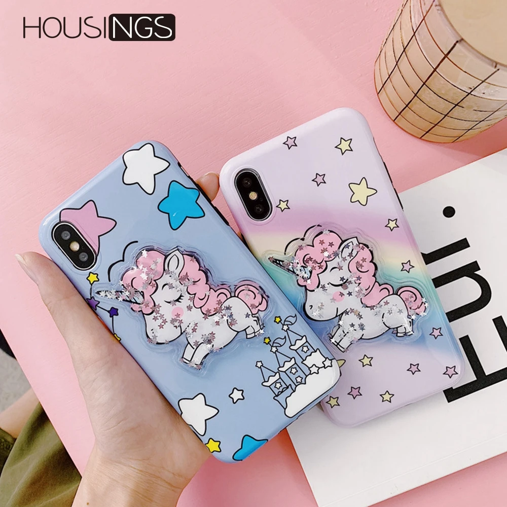 Housings Squishy Unicorn Phone Case For iPhone XR X 8 7 Plus Glitter Quicksand Soft Cover 6 6s Coque Cartoon | Мобильные телефоны и