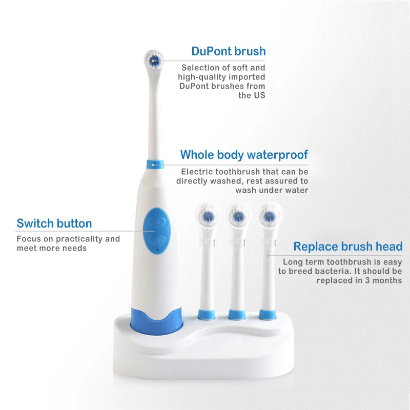 Rotary Toothbrush No Rechargeable Tooth Brush Toothbrush With 3 Brush Heads Dental Care Waterproof Teeth Brush