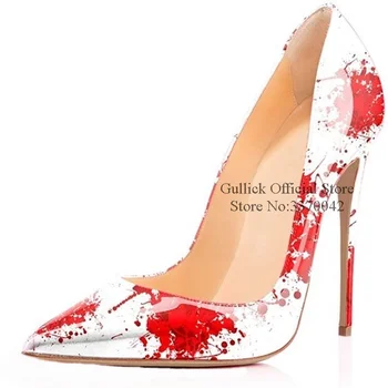 

Sexy Red Blood Printing High Heel Pumps Pointed Toe 12 10 8cm Stiletto Heels Dress Shoes Shallow Patchwork Wedding Party Shoes