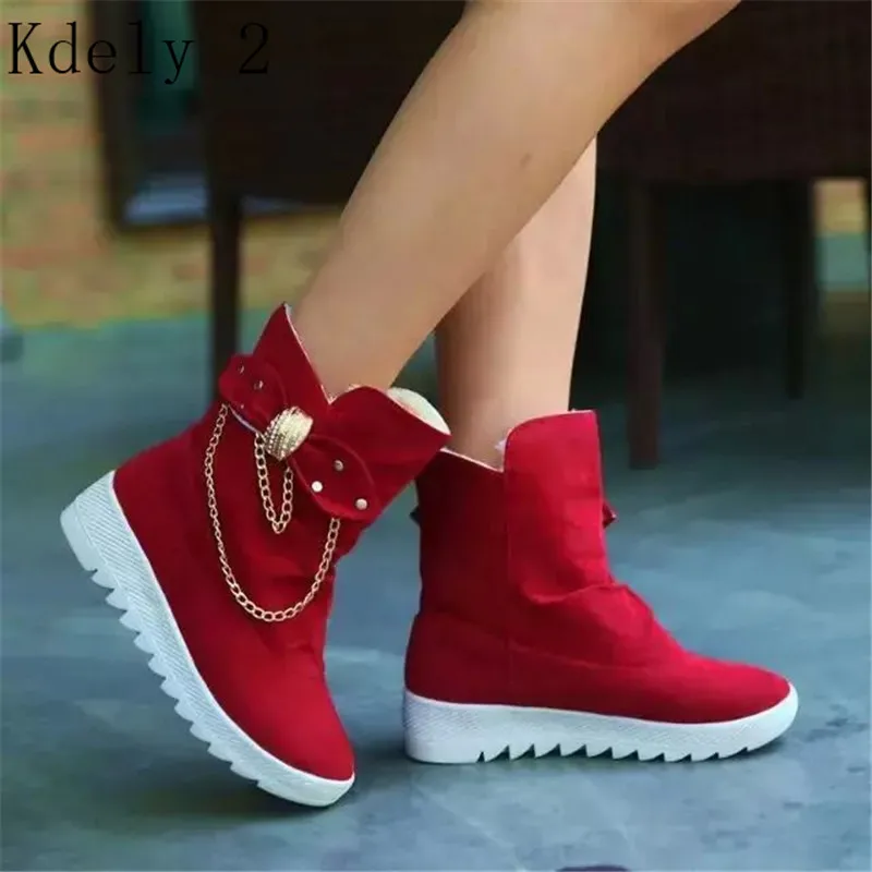 

New Women Casual Winter warm snow boots women Comfort Round Toe Bow Slip on flats Mid-Calf Boots Women Boots mujer zapatos