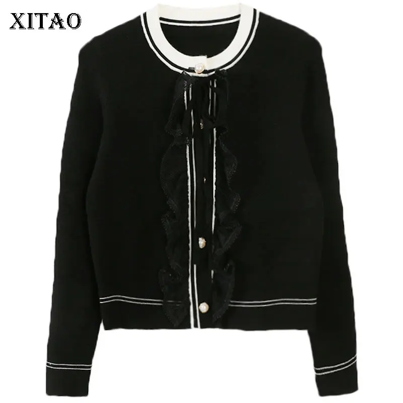 ^Cheap XITAO Hit Color Patchwork Ruffle Lace Cardigans Coat Women Clothes 2019 Fashion Slim Single Breasted Knitted Sweater GCC2609