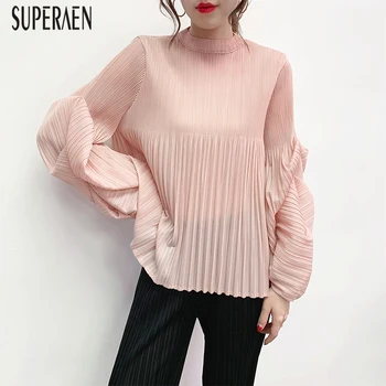 

SuperAen Women's T Shirts 2020 Spring and Summer New Solid Color Ladies Blouses and Tops Round Neck Puff Sleeve Women Clothing