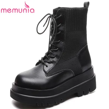 

MEMUNIA 2020 hot sale genuine leather +knitting ankle boots for women flat shoes lace up autumn winter platform boots woman