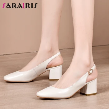 

SARAIRIS Sweet Female Roung Toe Genuine Leather Party Dress Casual Sandals High Heel Solid Sandals Women Summer Shoes Woman