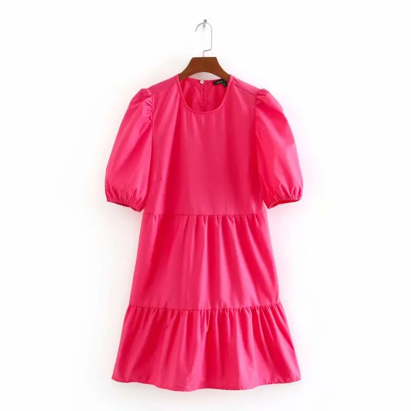 New 2020 women simply solid color o neck short sleeve casual poplin dress ladies puff sleeve vestidos chic pleats dresses DS3663