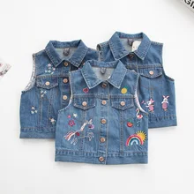 Mj9509 детская джинсовая жилетка с вышитым рисунком и отложным воротником для девочек; Осенняя универсальная детская одежда