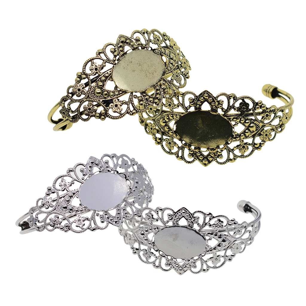 Phenovo-4x Filigree Flower Adjustable Bangle Blank Bezel Base Settings silver color Bronze