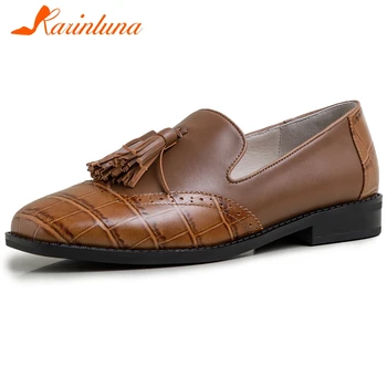 

Karinluna 2020 Fashion New Genuine Cow Leather Loafers Shoes Woman Flats Female Fringe Slip On Spring Casual Flats Women Shoes