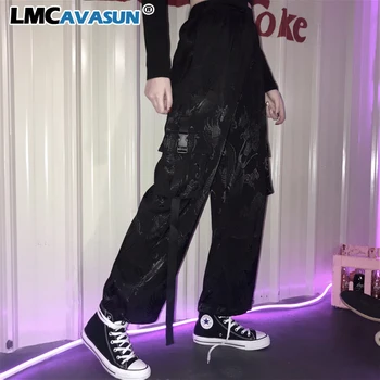 

LMCAVASUN Harajuku Dragon Embroidery Soft Cargo Pants Women Side Pocket Rock Loose Elastic Waist Trousers Female