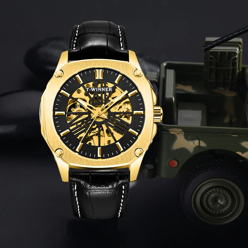 Победитель Скелет Полые модные механические ручной Ветер часы Роскошные мужские Бизнес Кожаный ремешок наручные часы Relogio Masculino