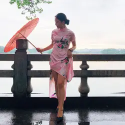 Атласное китайское платье для женщин традиционное Ципао костюмы павлин печати с коротким рукавом облегающее гладкое облегающее