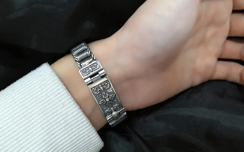 New real pure S925 solid silver Buddhism six-character mantra Vajra good luck woven bracelet  Thai silver vintage man bracelet