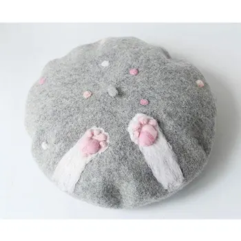 

Handmade Wool Berets Caps Women Fashion Solid Cute Cats Winter Hats Children's Gift Vintage Warm Walking Caps Christmas Present