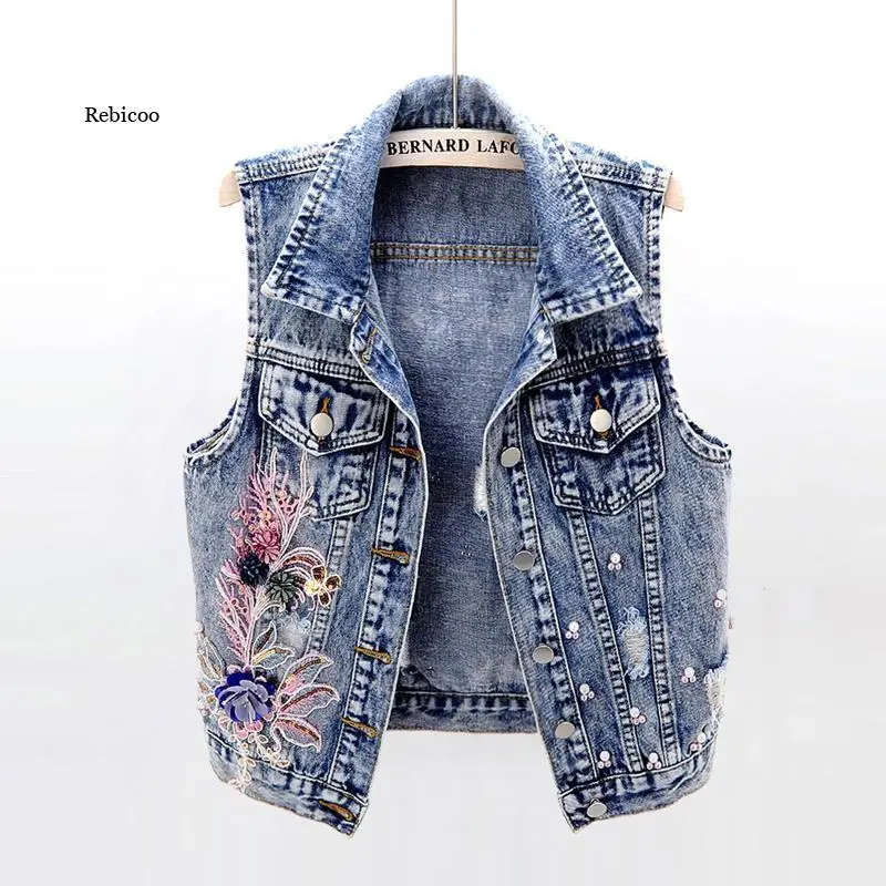 

New Fashion Denim Vest Women Spring Autumn Patch Flowers Sequins Beads Sleeveless Waistcoat Student Top Jean Short Jackets KW450