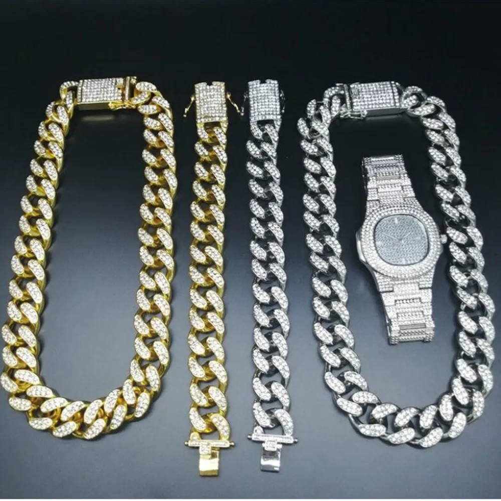 2 см, ювелирные изделия в стиле хип-хоп, ожерелье с кристаллами, кубинская цепочка, роскошные золотые и серебряные мужские часы, ожерелье и браслет, комбинированный набор для мужчин