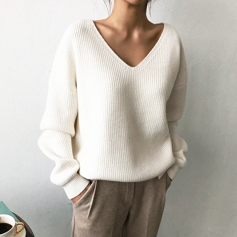 

Knited Korean Autumn Sweater For Women V Neck Long Sleeve Irregular Hem Female Sweaters Oversized Casual Pullovers Sweater