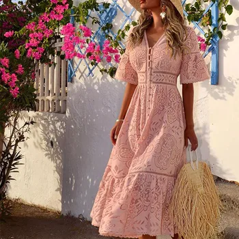 

Braided high waist woman's dress hollow out embroidery Short-sleeve vintage Single-breasted dress Lady Beach 2020 new vestidos
