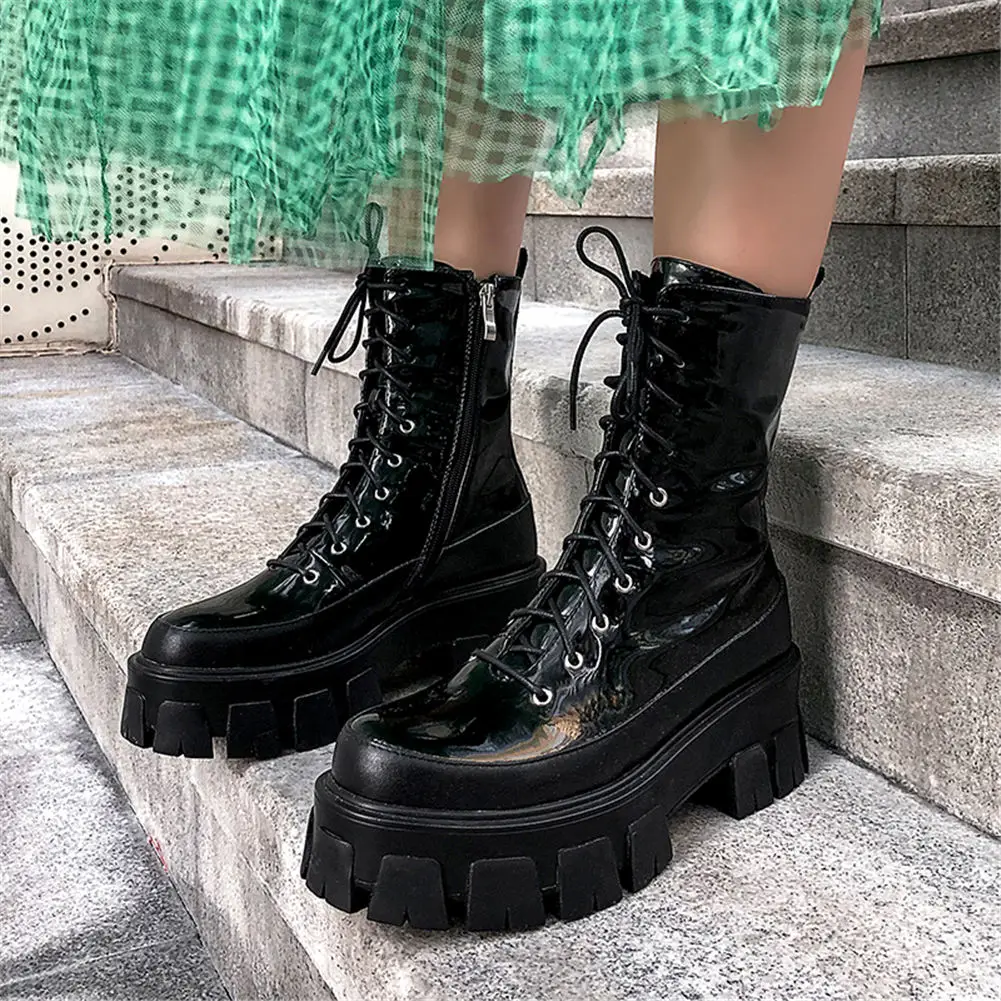 

SARAIRIS 2019 Fashion Genuine Leather Motorcycles Boots Square Heels Ankle Boots Woman Shoes Platform Shoelace Shoes Women Boots