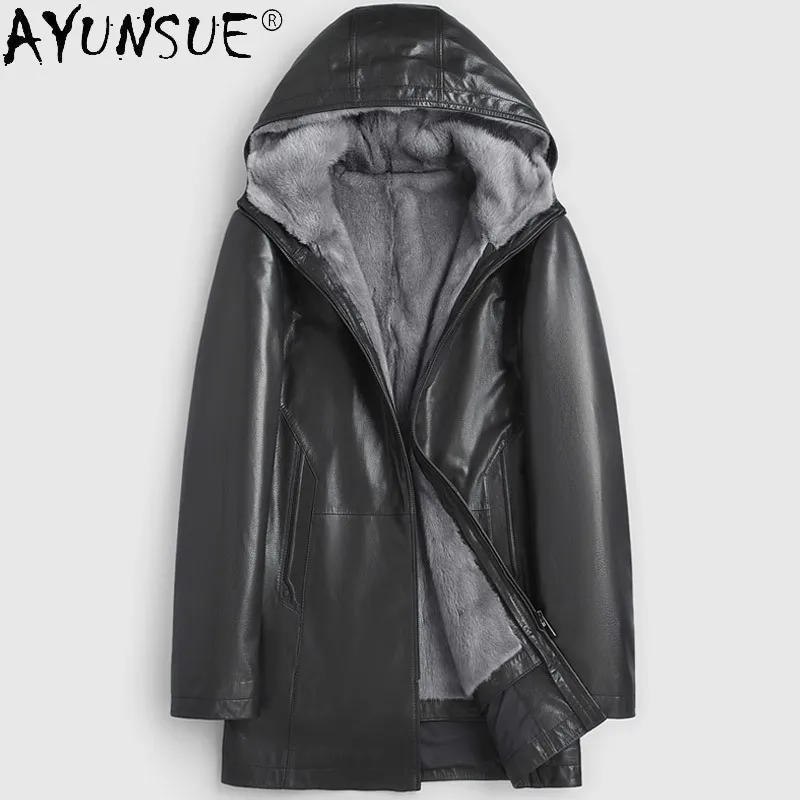 

AYUNSUE Warm Real Mink Fur Coat Male Autumn Winter 2021 Hooded 100% Genuine Goat Skin Leather Jacket Men Chaquetas Hombre Gxy875