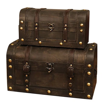 

European Retro Wooden Box Red Leather Vintage Treasure Chest Jewelry Storage Box Photography Props Home Decoration