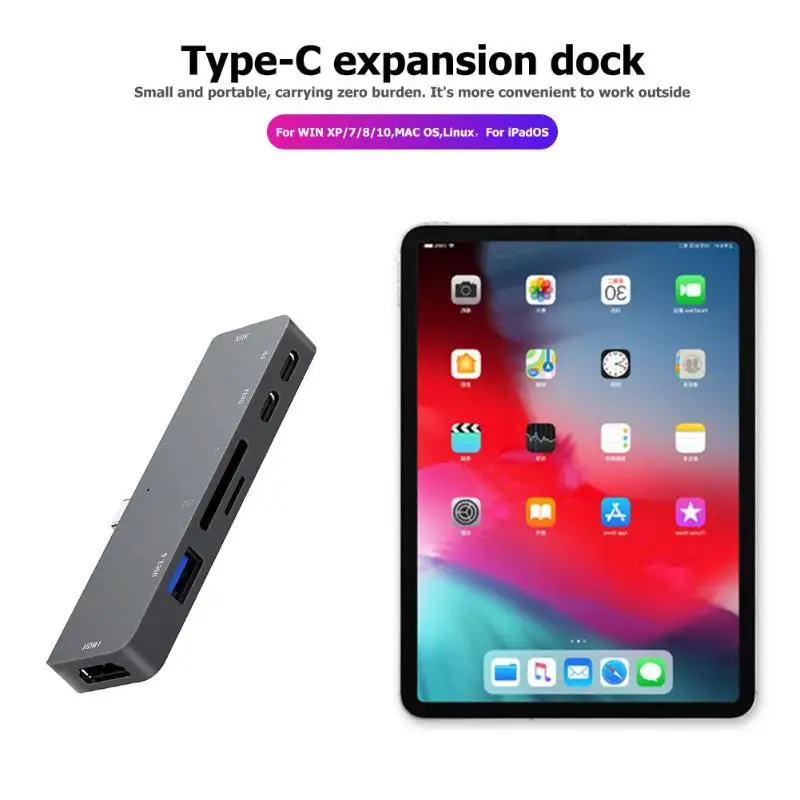 7 in 1 Type-C HUB Multifunction USB-C to HDMI/USB3.0/USB-C PD/TF Memory Card/AUX Adapter for iPad Pro /MacBook Support 4K